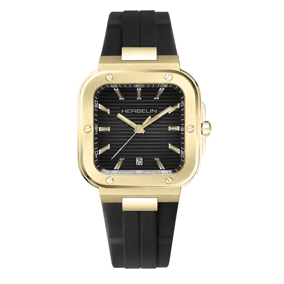 HERBELIN Cap Camarat Square Quartz Black Fkm and 1n Gold 39mm Men's Watch | 12246P1N14CA | TIME Watches