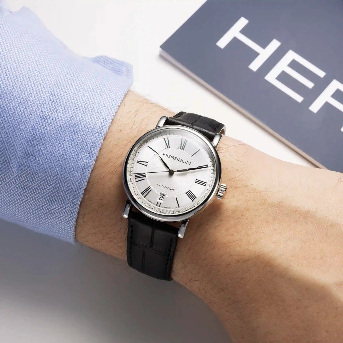 HERBELIN Inspiration Automatic Steel / Silver Dial / Black Leather 38mm Unisex Watch | 2047AP08 | TIME Watches