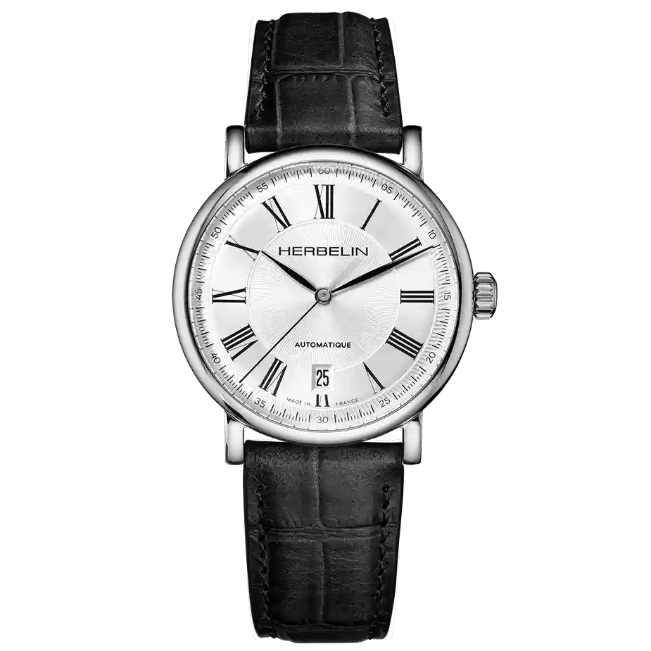 HERBELIN Inspiration Automatic Steel / Silver Dial / Black Leather 38mm Unisex Watch | 2047AP08 | TIME Watches