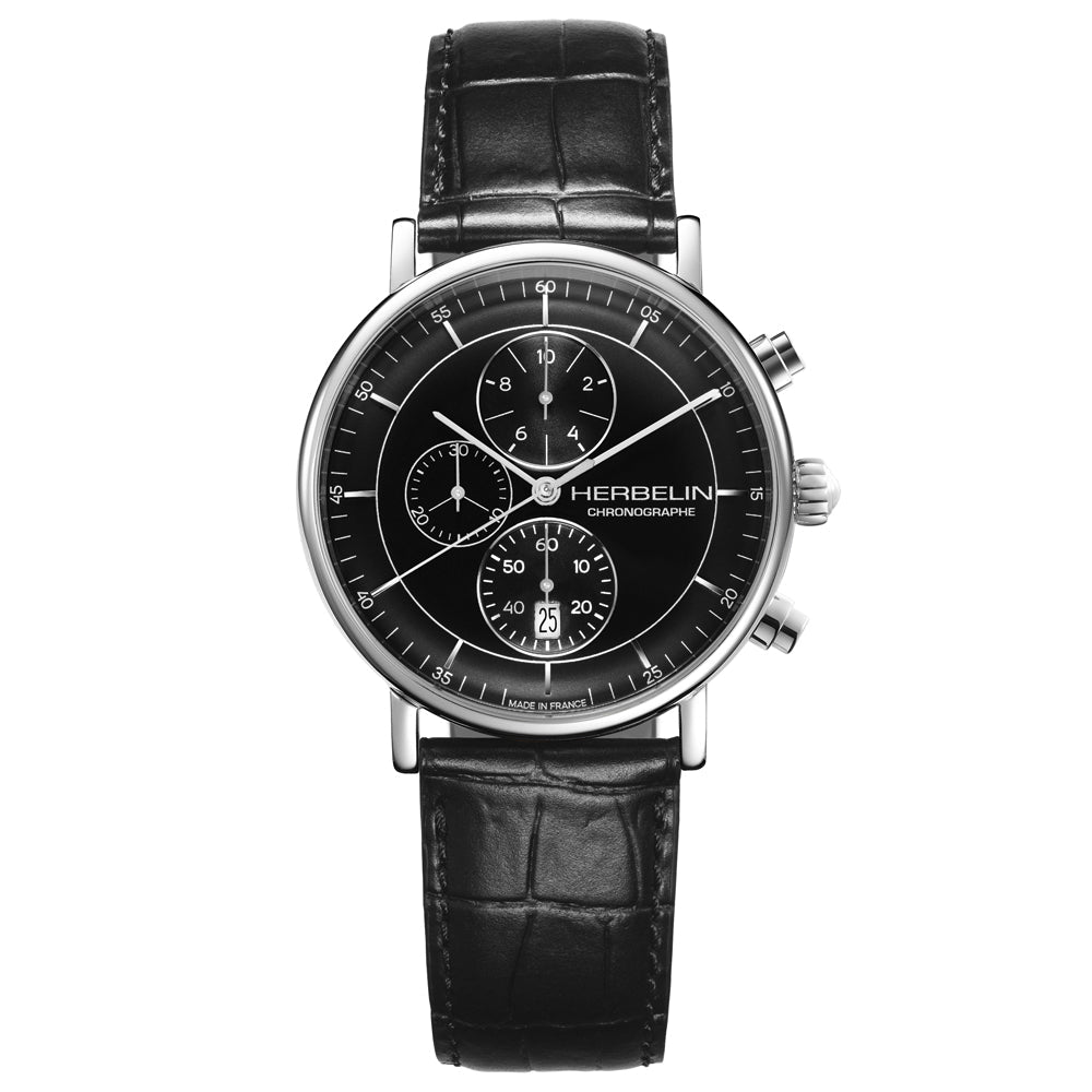 HERBELIN Inspiration Chronograph Steel and Black Leather 40mm Men's Watch | 35647AP14 | TIME Watches