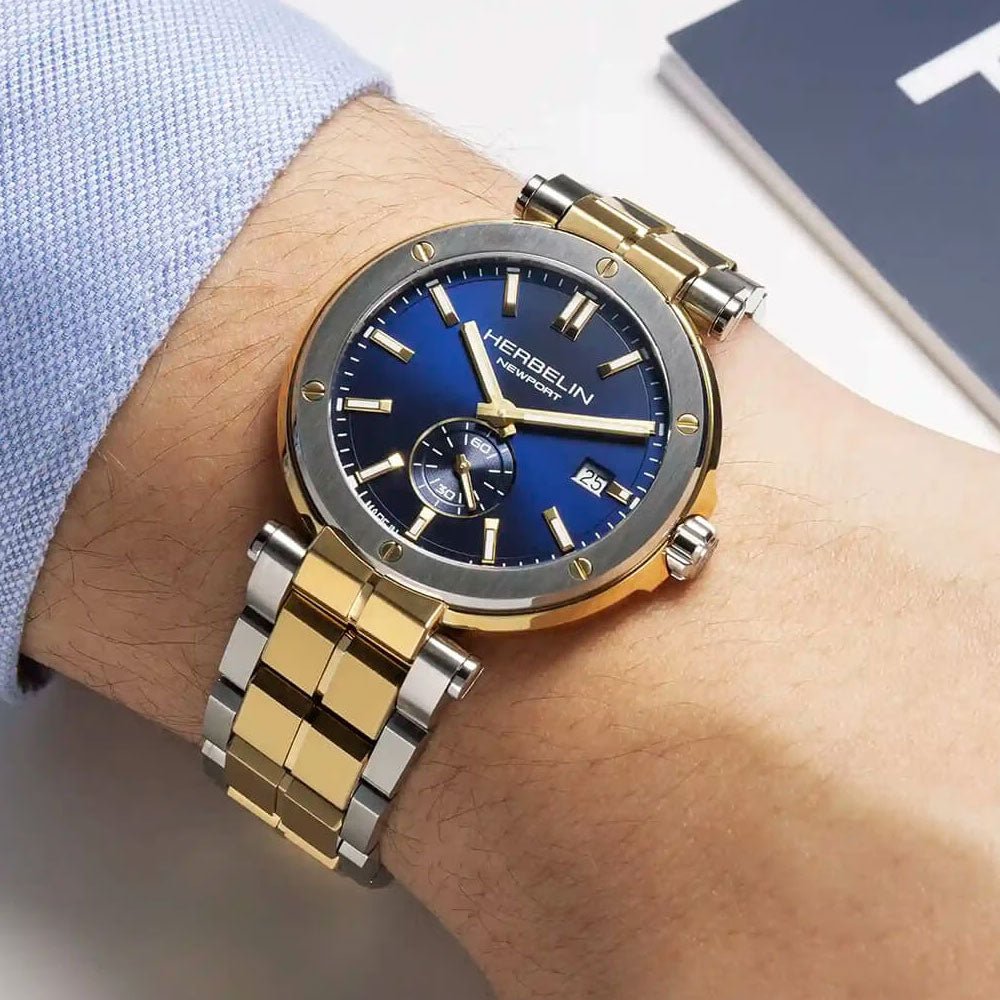 HERBELIN Newport Blue Dial and Gold Steel Bracelet 40mm Men's Watch | 18389BT1N35 | TIME Watches