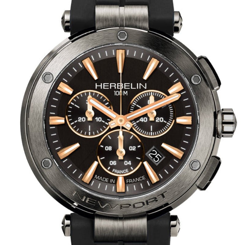 HERBELIN Newport Chronograph Gunmetal / Black / Rose Gold Accents 43mm Men's Watch | 37688/G33TCA | TIME Watches