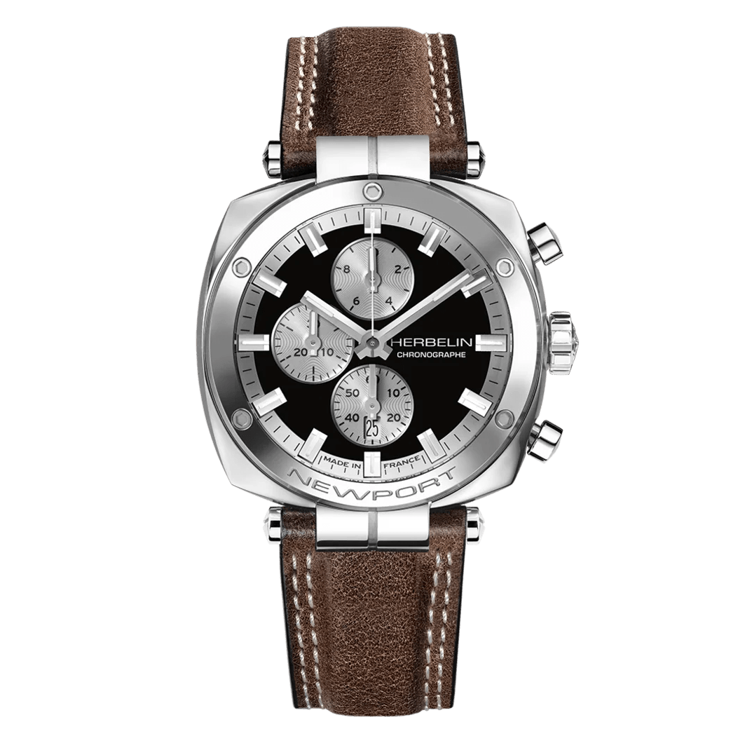 HERBELIN Newport Heritage Chronograph Steel and Leather 42mm Men's Watch | 35664AP24BR | TIME Watches