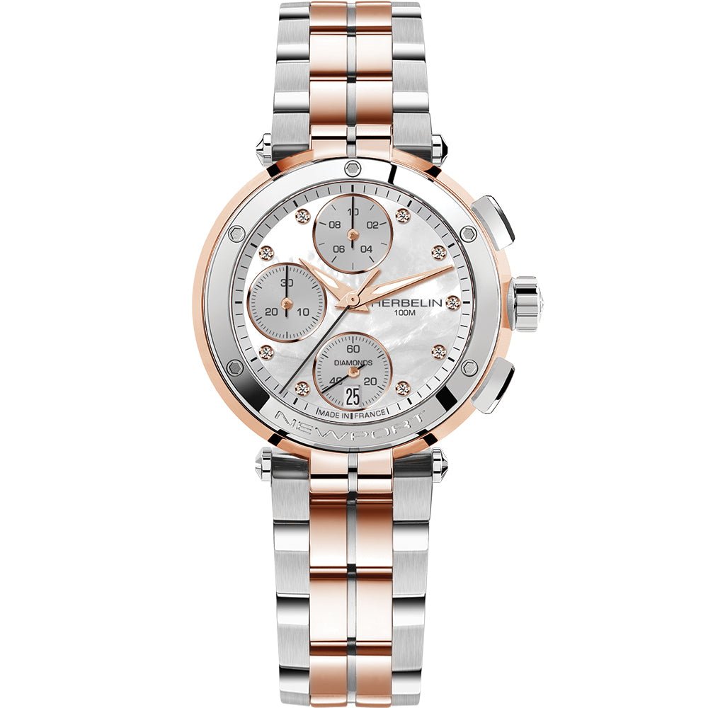 HERBELIN Newport Lady Chronograph Steel / Rose Gold / Mother of Pearl Diamond Dial / Steel Bracelet 34mm Women's Watch | 35688/BTR89 | TIME Watches
