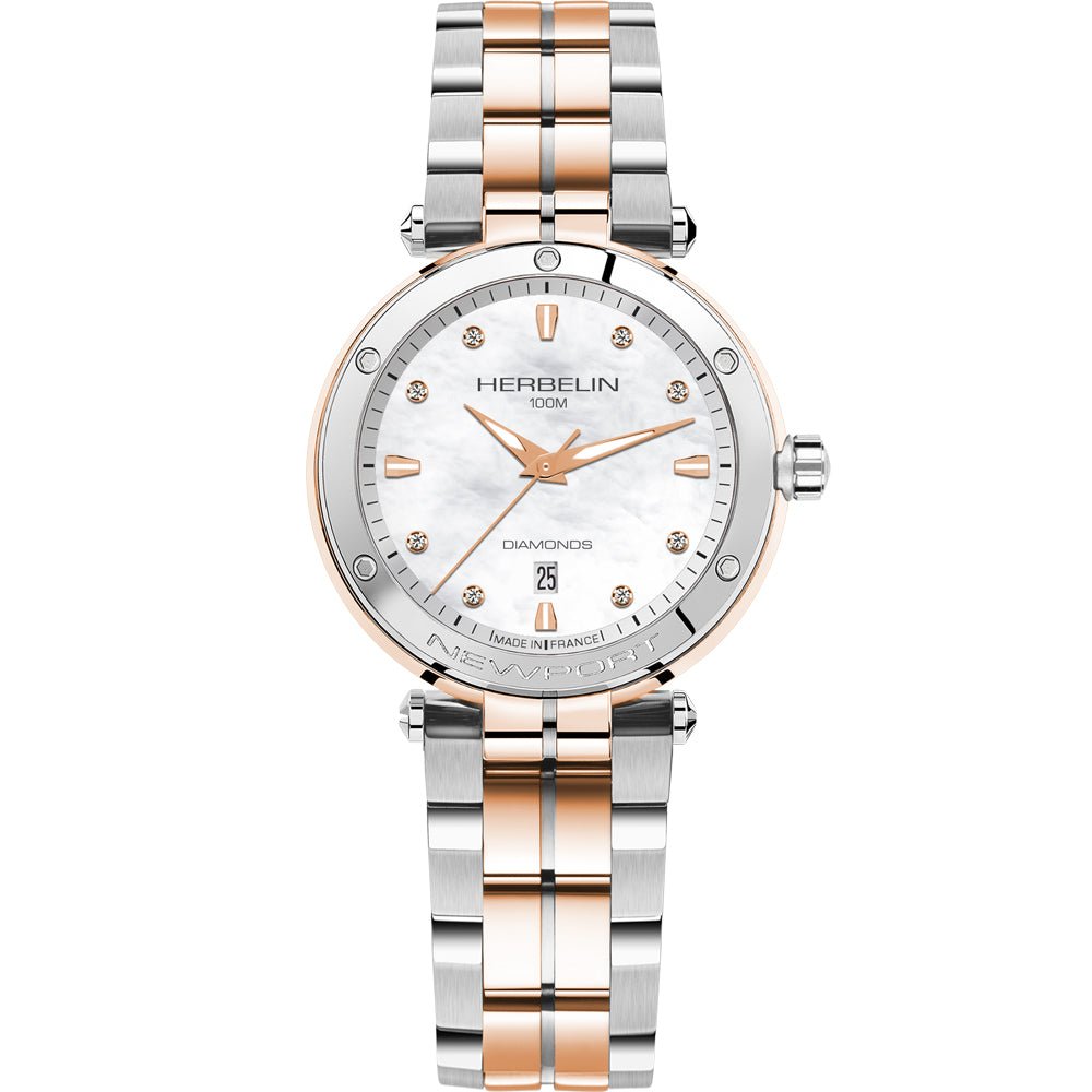 HERBELIN Newport Quartz Date Steel And Rose Gold, Mother of Pearl and Diamonds 34mm Women's Watch | 14288BTR89S | TIME Watches