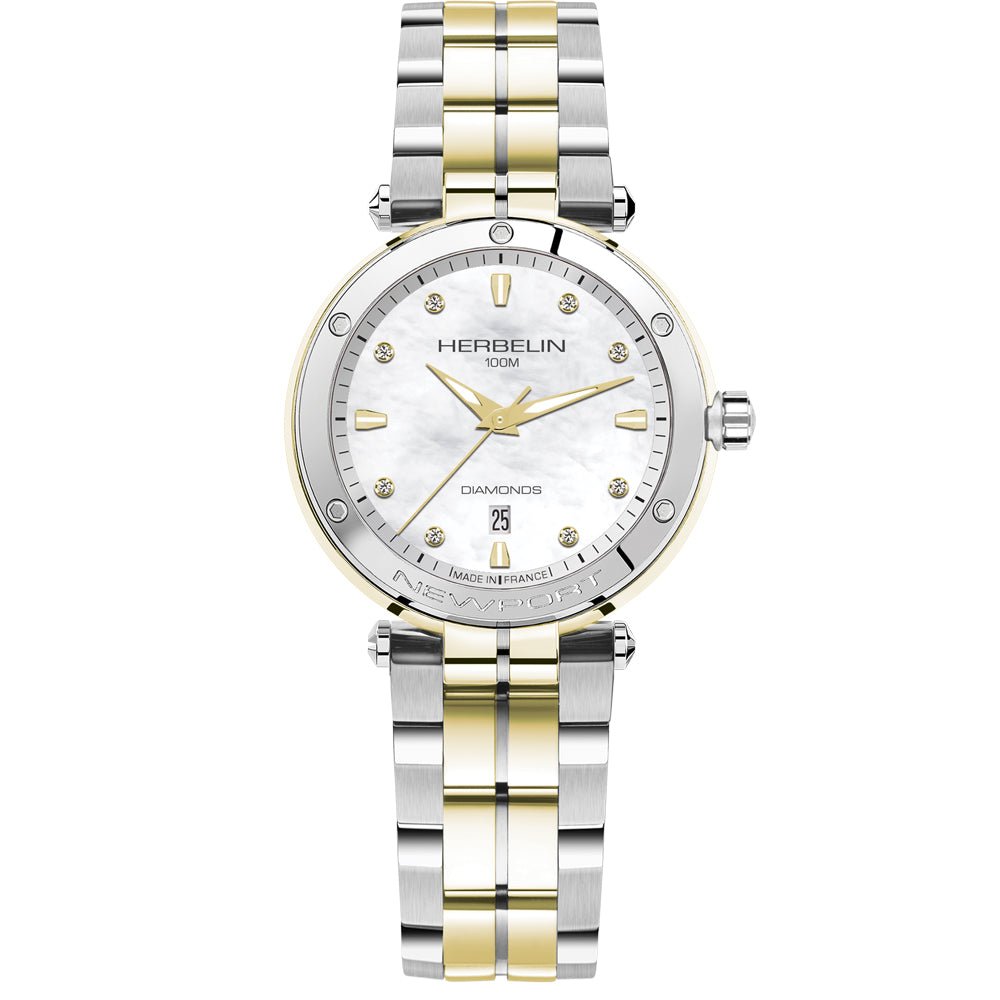 HERBELIN Newport Quartz Date Steel And Yellow Gold, Mother of Pearl and Diamonds 34mm Women's Watch | 14288BT89S | TIME Watches