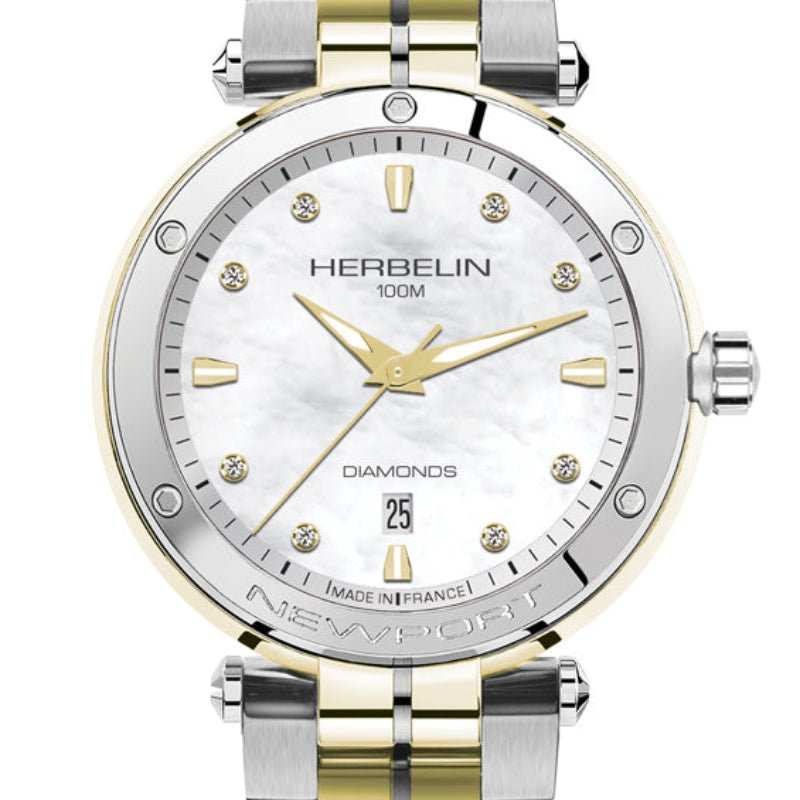 HERBELIN Newport Quartz Date Steel And Yellow Gold, Mother of Pearl and Diamonds 34mm Women's Watch | 14288BT89S | TIME Watches