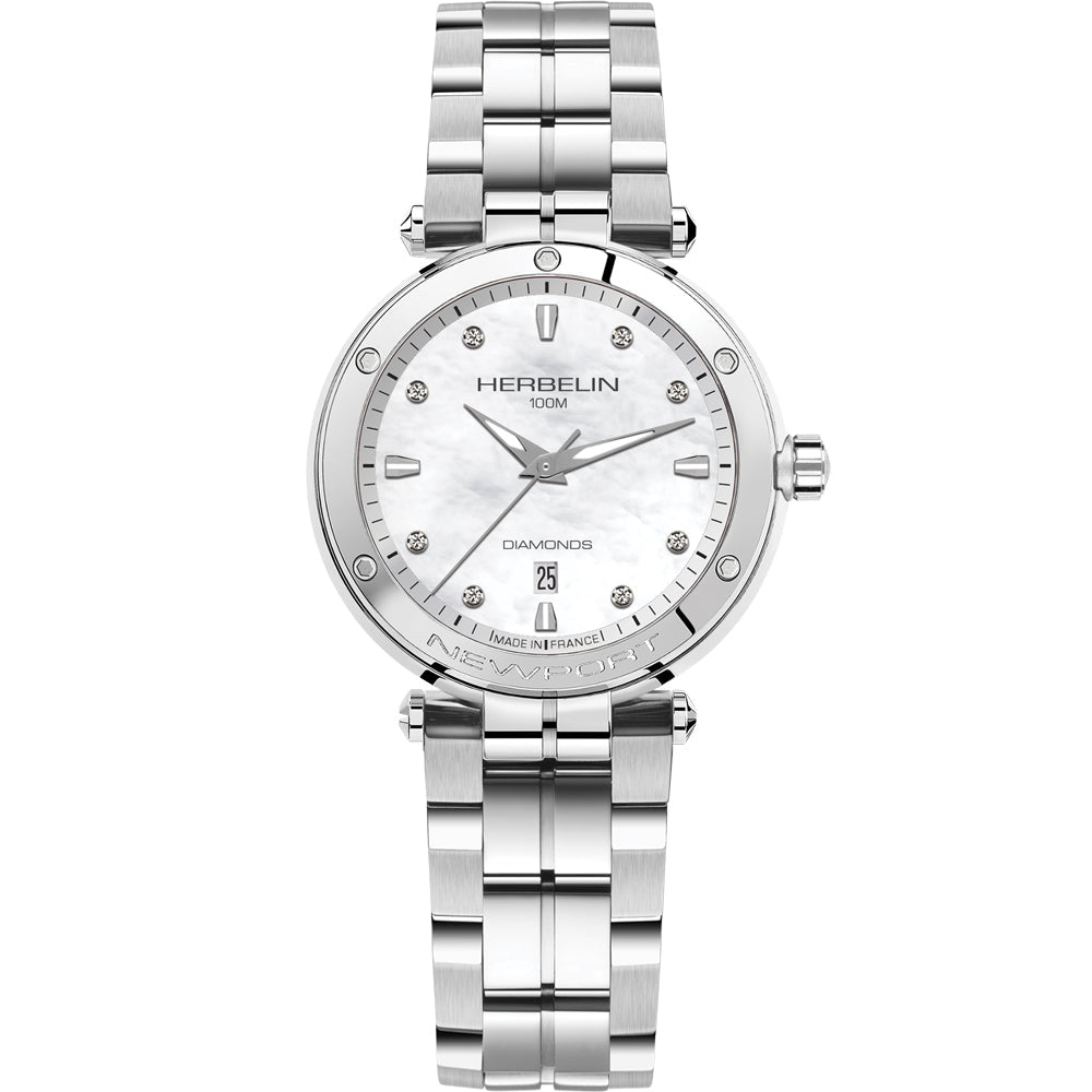 HERBELIN Newport Quartz Date Steel, Mother of Pearl and Diamonds 34mm Women's Watch | 14288B89S | TIME Watches