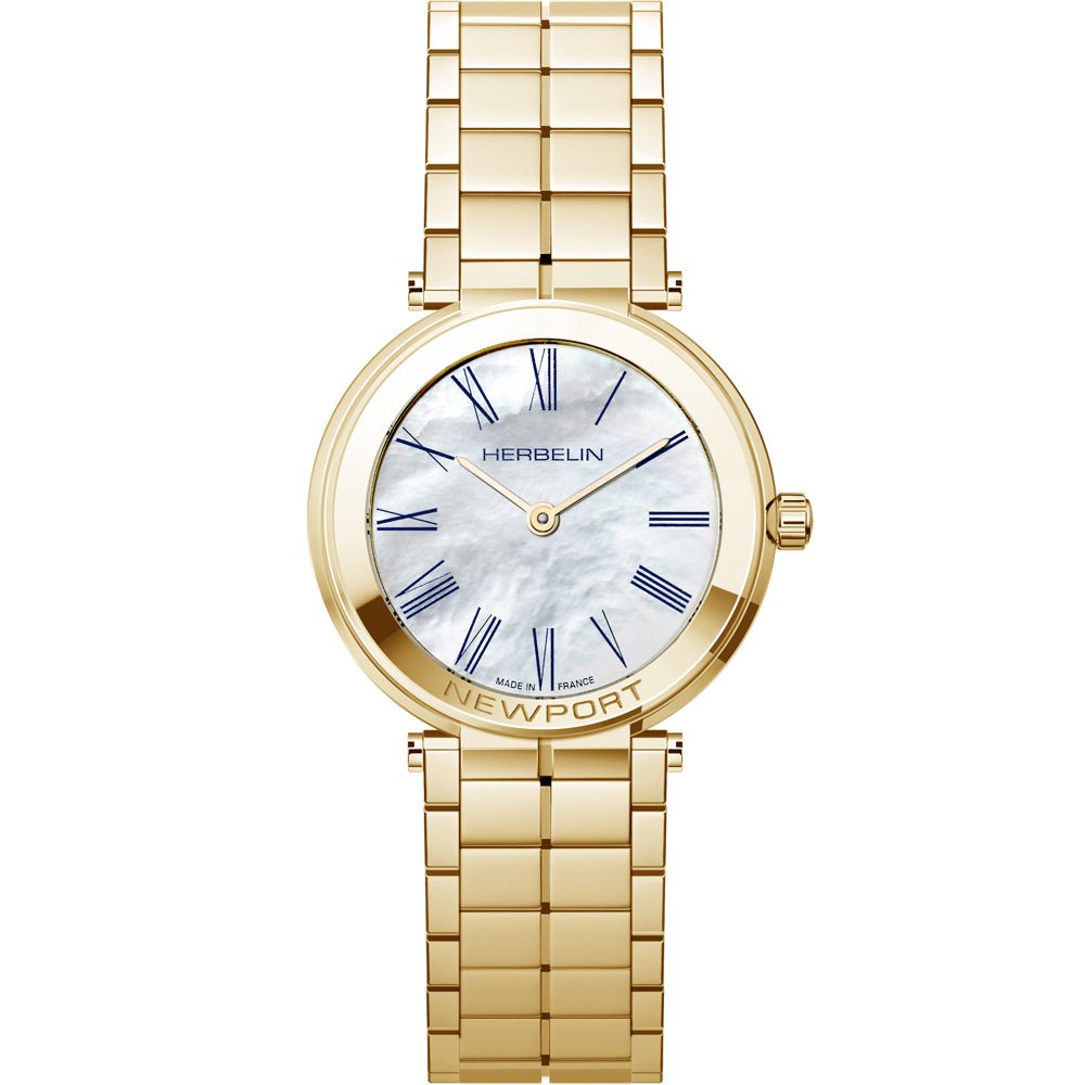 HERBELIN Newport Slim Quartz Yellow Gold and Mother of Pearl 32mm Women's Watch | 16922BP09 | TIME Watches