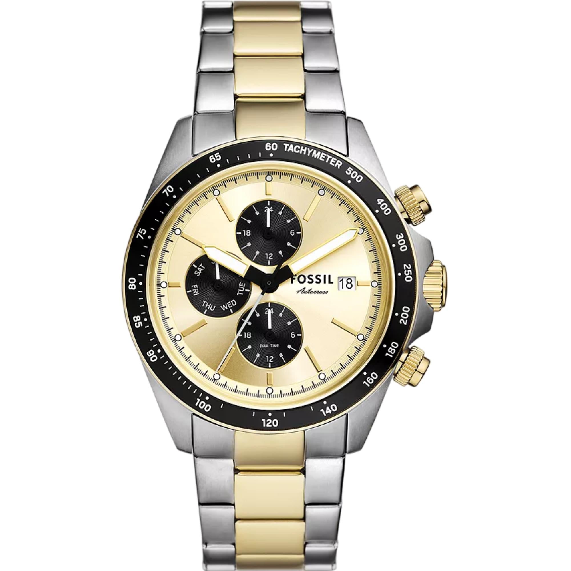 Fossil Autocross Quartz Chronograph Gold Dial Steel Strap Men's Watch FS6126