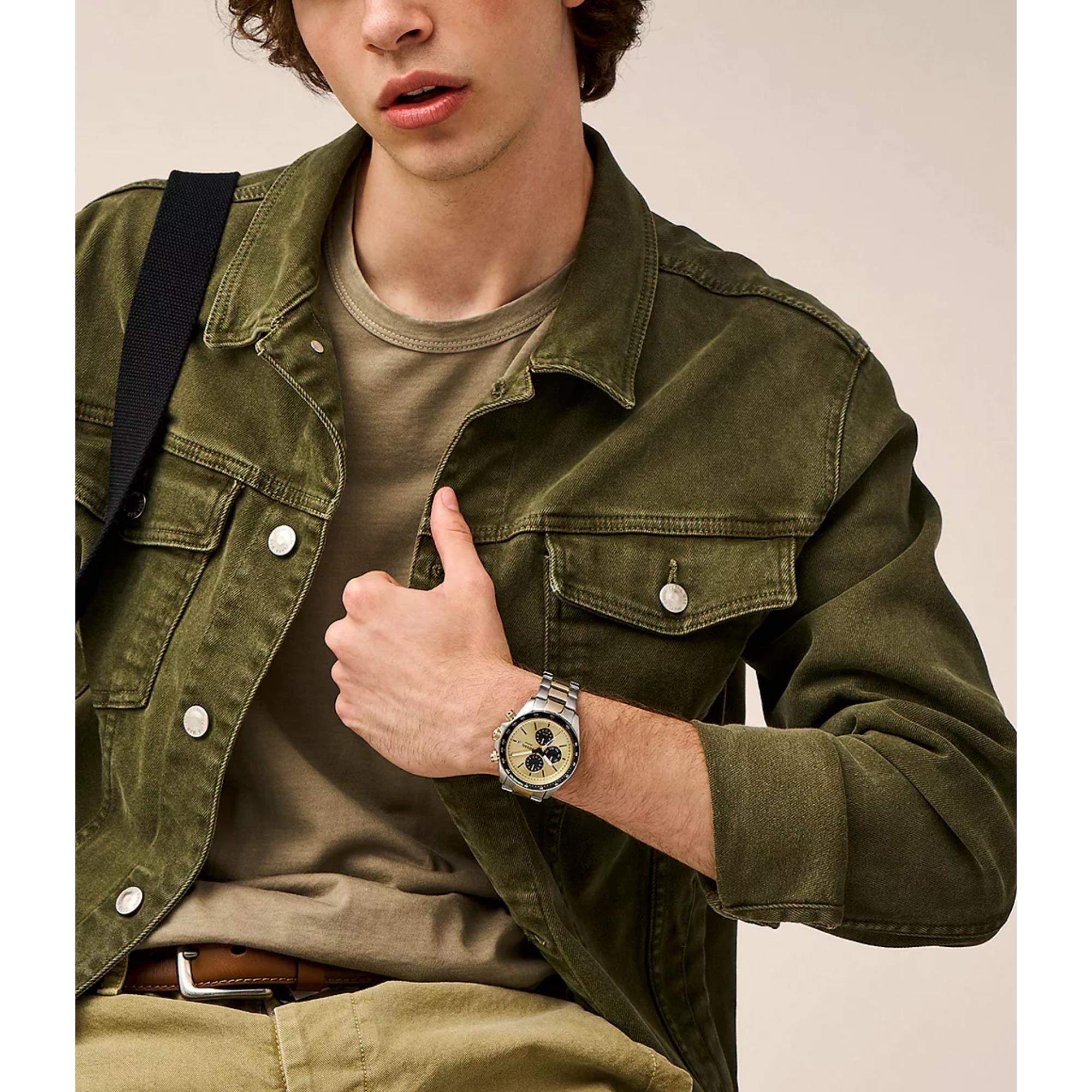 Fossil Autocross Quartz Chronograph Gold Dial Steel Strap Men's Watch FS6126