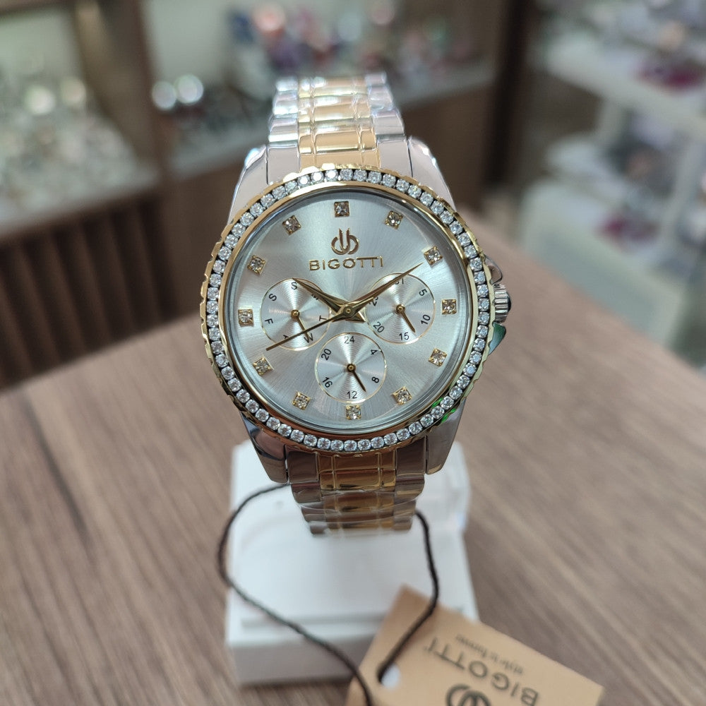Bigotti Stainless Steel Rose Gold End Silver Multi Dial Rose Gold Stones On Dial Bezel | BG.1.10453-4