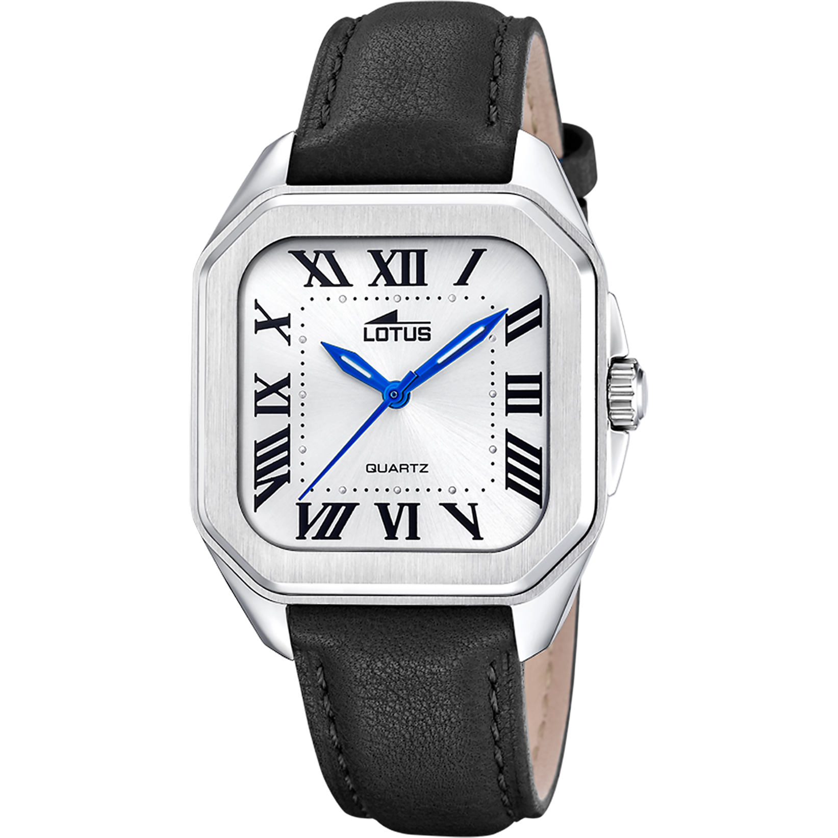 Lotus Square White Dial Black Leather Strap Blue Hands Women's Watch |18968/1