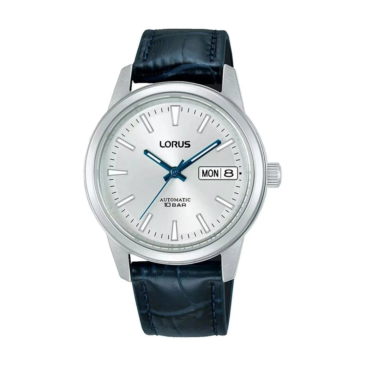 Lorus Stainless Steel Silver Dial with Navy Leather Strap Men's Dress Watch | RL407CX9G | TIME Watches