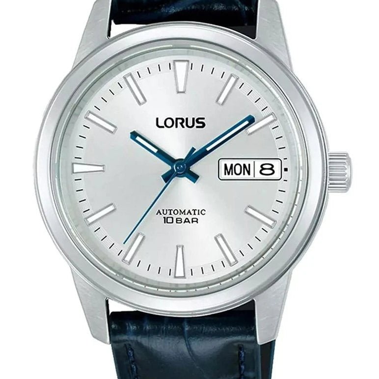 Lorus Stainless Steel Silver Dial with Navy Leather Strap Men's Dress Watch | RL407CX9G | TIME Watches