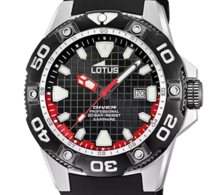 Lotus Diver GTS Black Red Dial Black Rubber Men's Watch | 18927/4