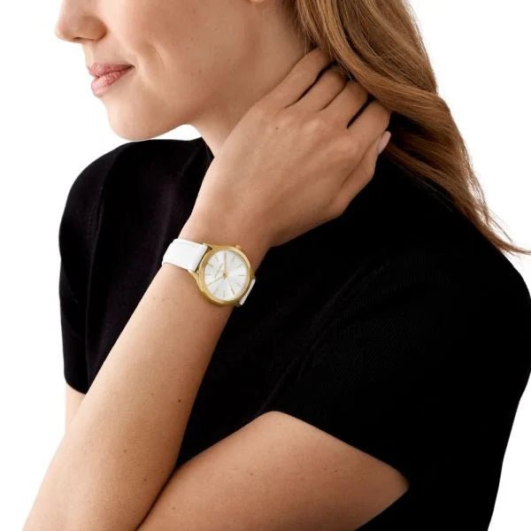 Michael Kors Slim Runway Three-Hand White Leather Woman's Watch | MK7466