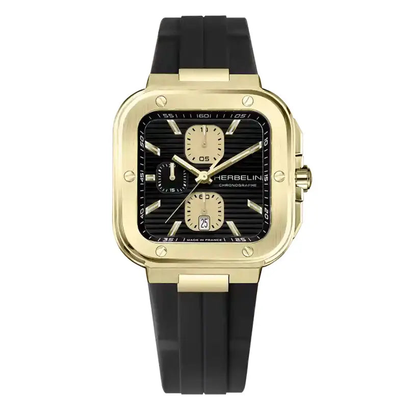 Herbelin Cap Camarat Black Textured Dial Gold Indices FKM Rubber Men’s Watch | 35646P1N14CA