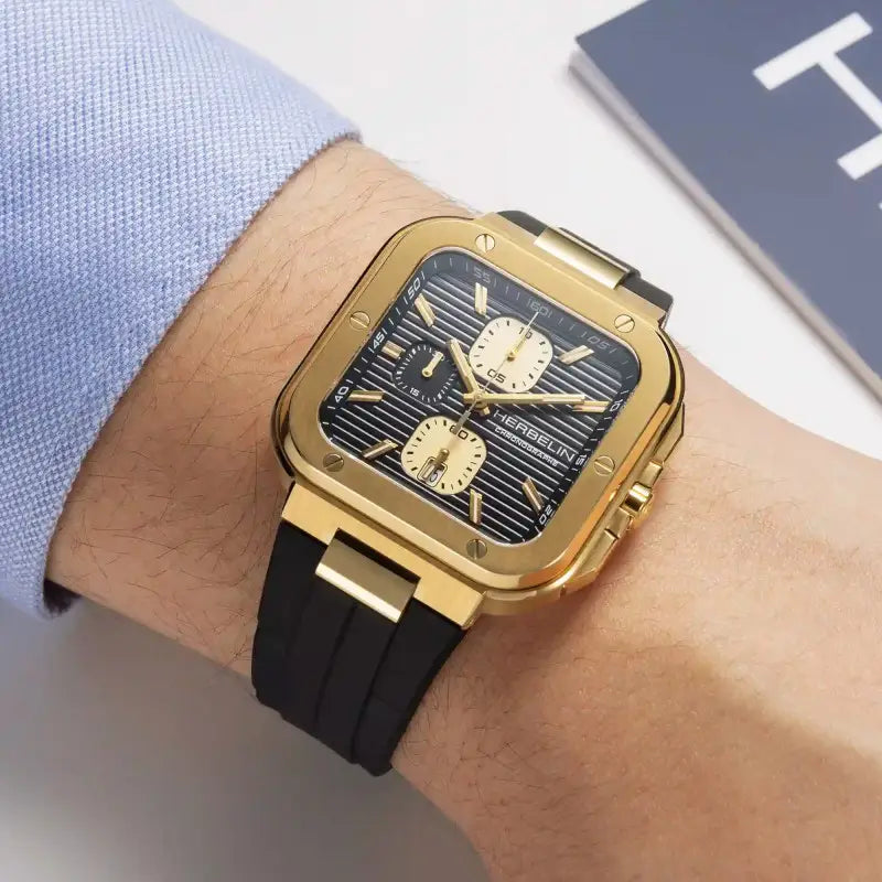 Herbelin Cap Camarat Black Textured Dial Gold Indices FKM Rubber Men’s Watch | 35646P1N14CA