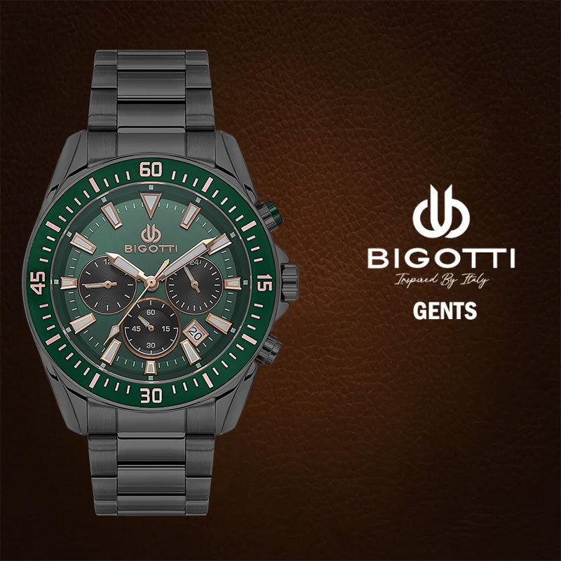 Bigotti Gunmetal Green Dial Calendar Stainless Steel Men’s Watch | BG.1.10570-4