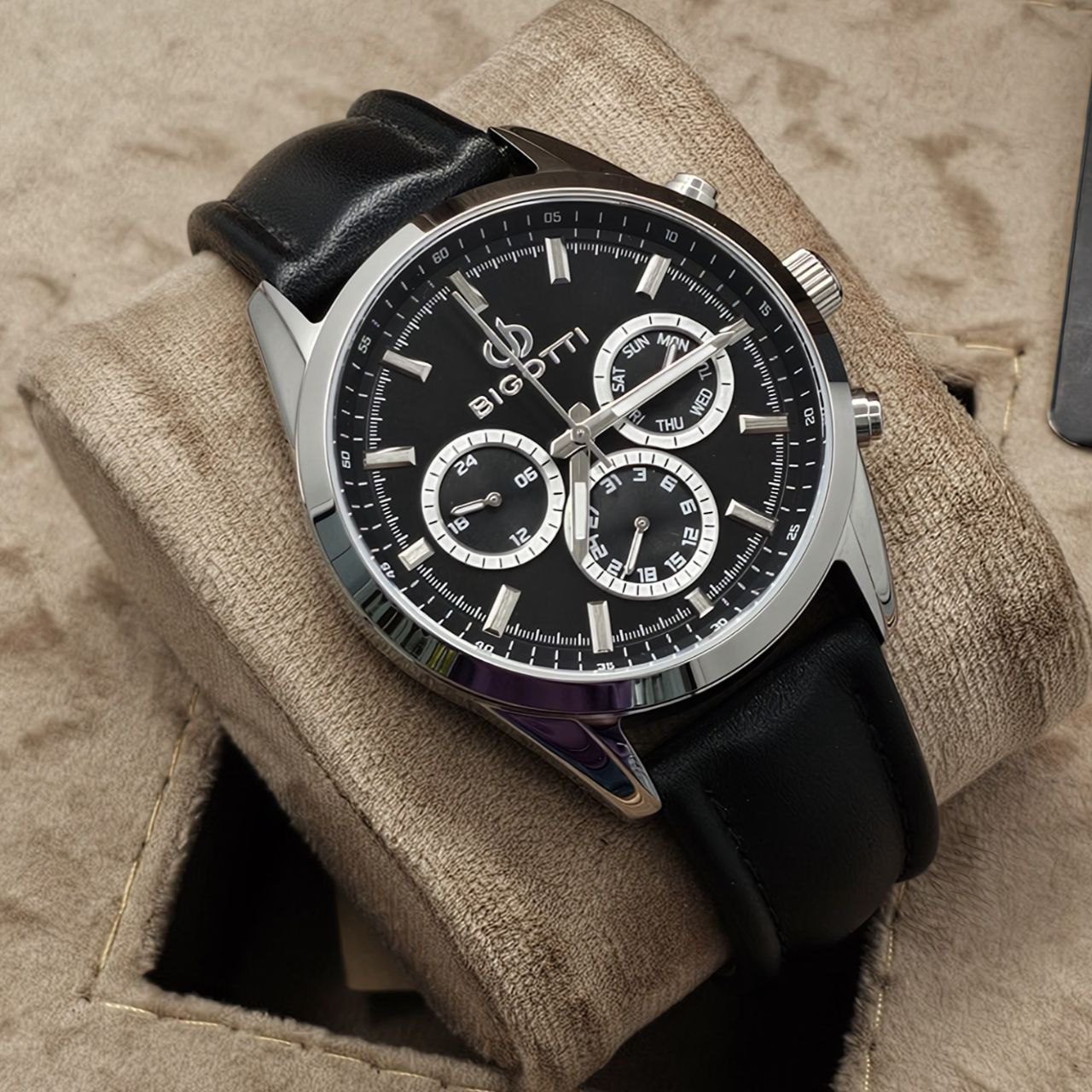 Bigotti Stainless Steel Black Multi-Dial Batons Black Leather Strap Men's Watch | BG.1.10390-1