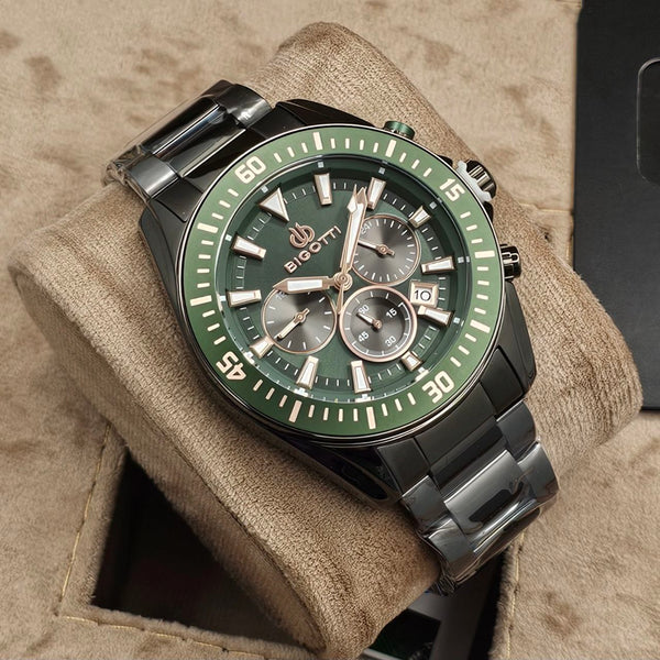 Bigotti Gunmetal Green Dial Calendar Stainless Steel Men’s Watch | BG.1.10570-4