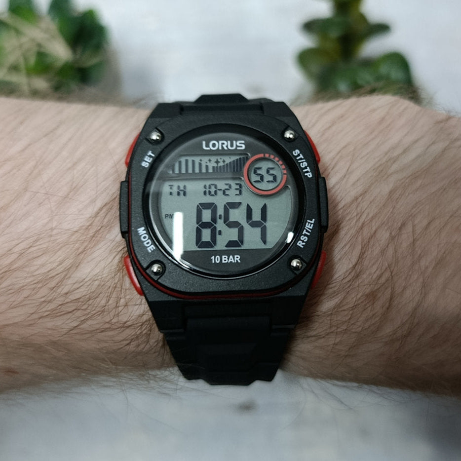 Lorus Black and Red Digital Dial Black Strap Unisex Watch | R2327QX9