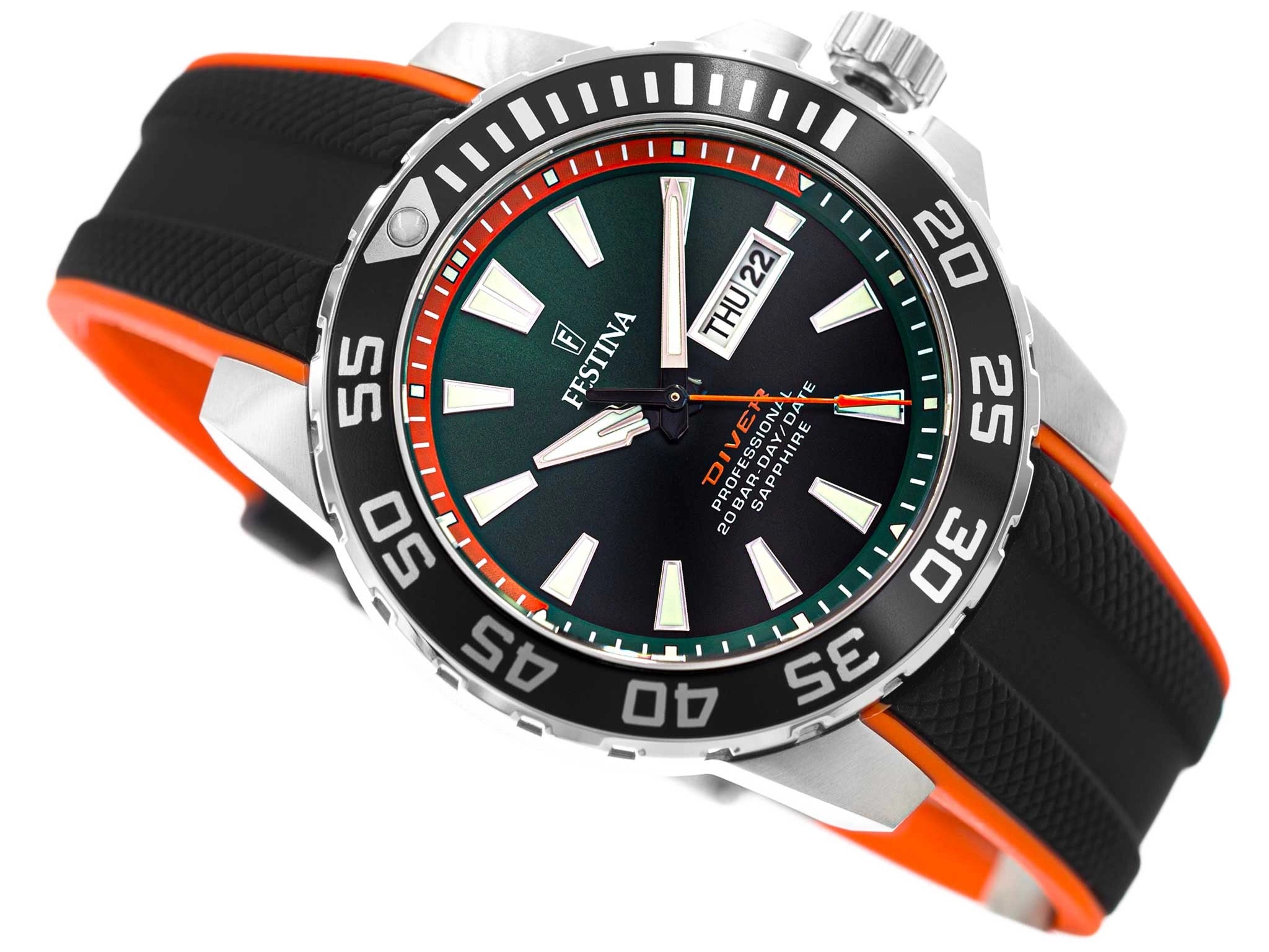 Festina The Originals Quartz Green Black Dial Orange Details Rubber Men Watch | F20662/2