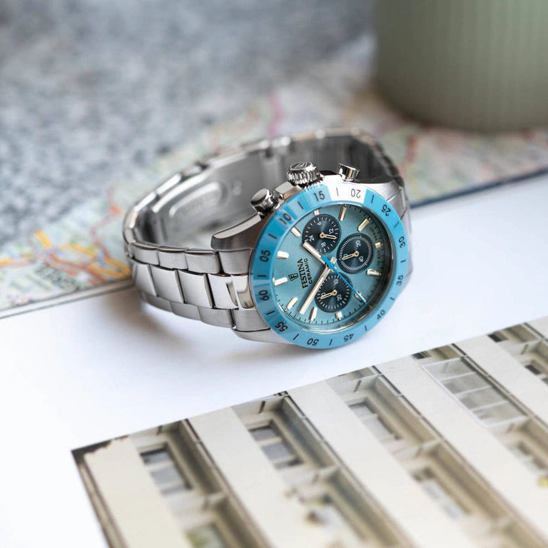 Festina Ceramic Quartz Chronograph Light Blue Stainless Steel Women's Watch | F20693/3
