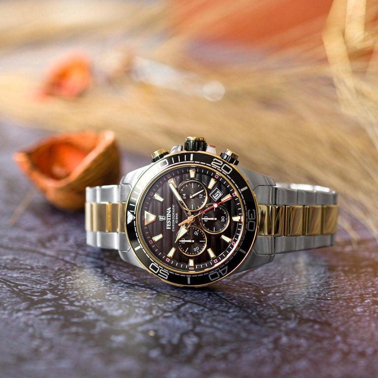 Festina The Originals Quartz Chronograph Black Dial Two Tone Gold PVD Stainless Steel Men's Watch | F20363/3