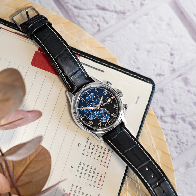 Festina Chronograph Blue Dial Black Leather Strap Men's Watch | F20375/7
