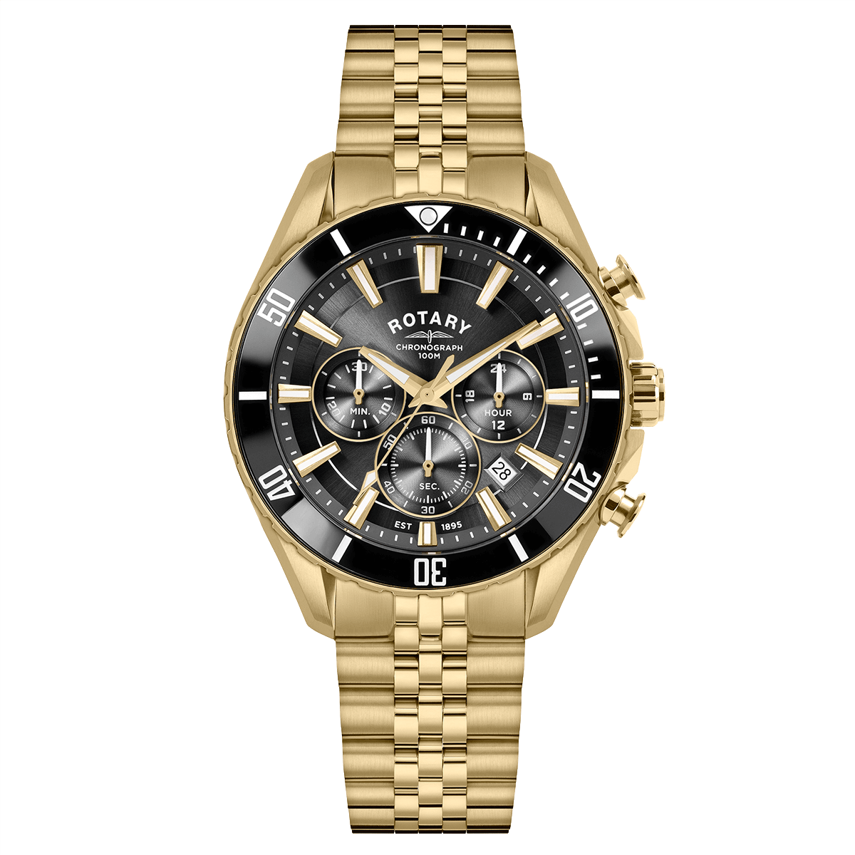 Rotary Apex100 Black Dial and Gold Steel Bracelet 42mm Men's Watch | RGB10014/04 | TIME Watches