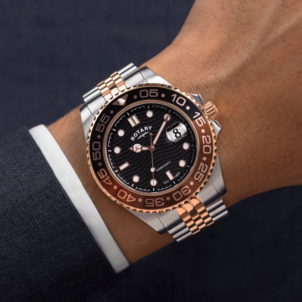 Rotary Apex100 Black Dial and Rose Gold Steel Bracelet 45mm Men's Watch | RGB10016/04 | TIME Watches