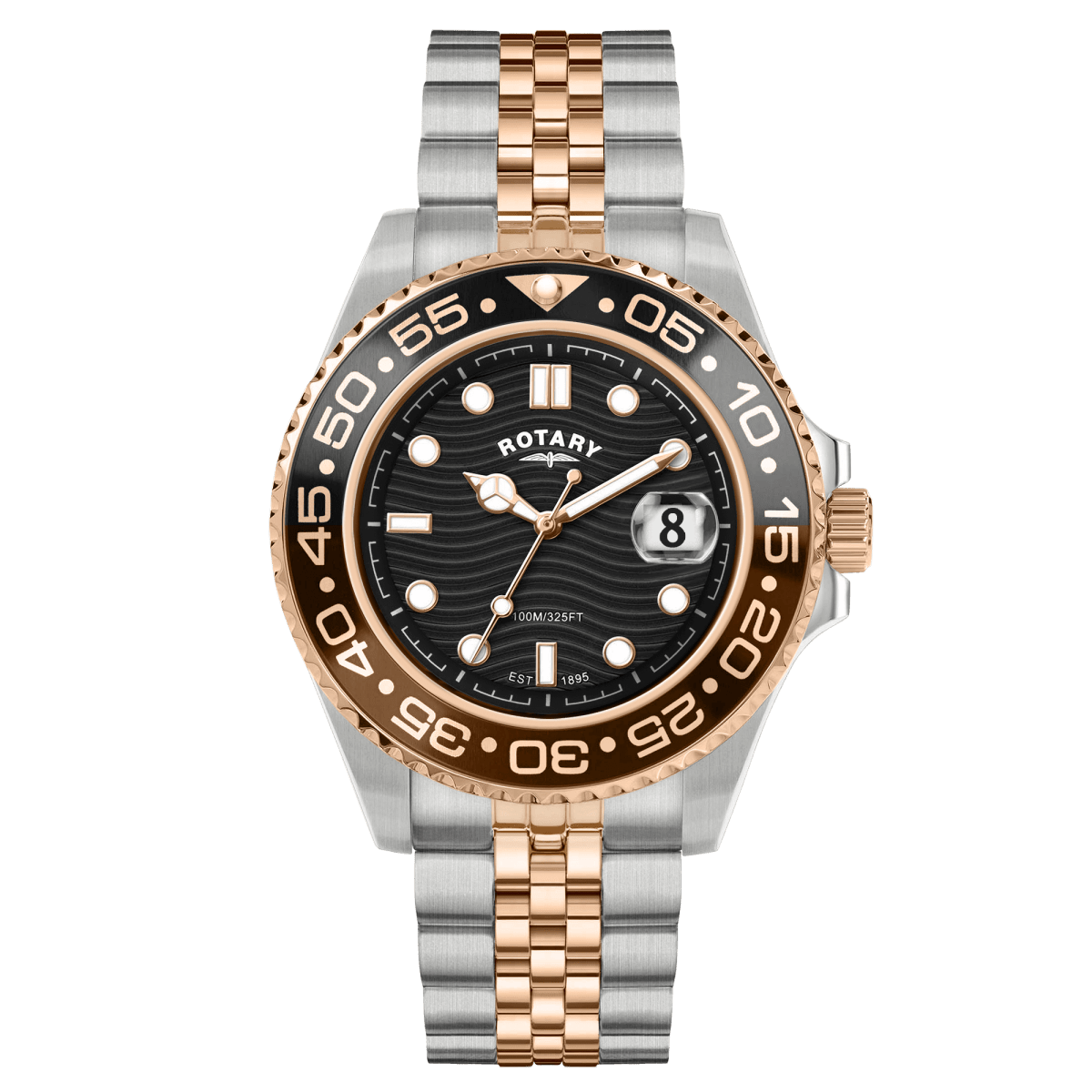 Rotary Apex100 Black Dial and Rose Gold Steel Bracelet 45mm Men's Watch | RGB10016/04 | TIME Watches
