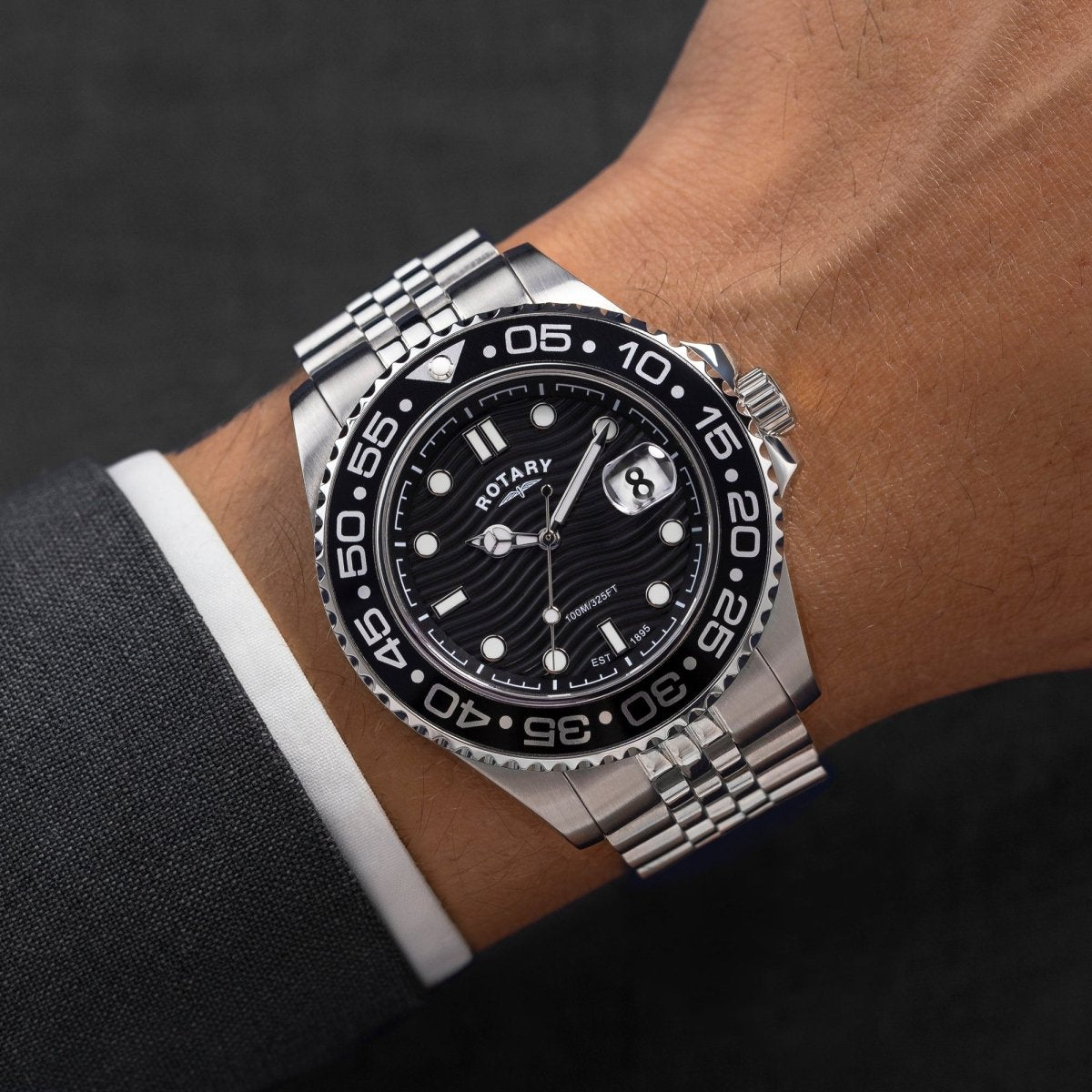 Rotary Apex100 Black Dial and Steel Bracelet 45mm Men's Watch | RGB10015/04 | TIME Watches