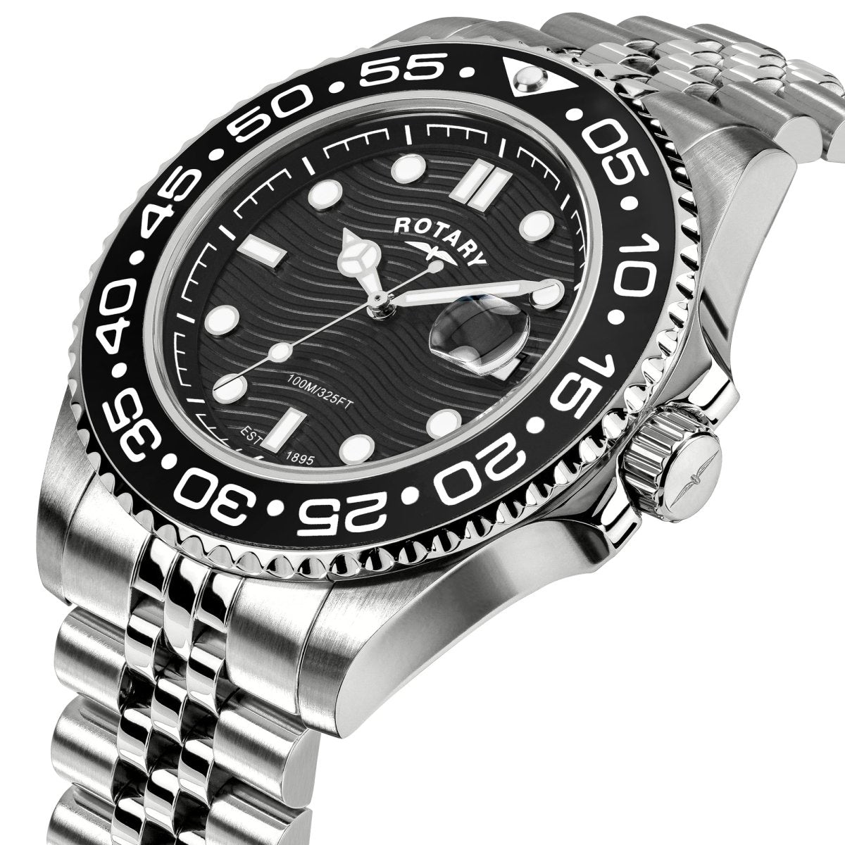 Rotary Apex100 Black Dial and Steel Bracelet 45mm Men's Watch | RGB10015/04 | TIME Watches