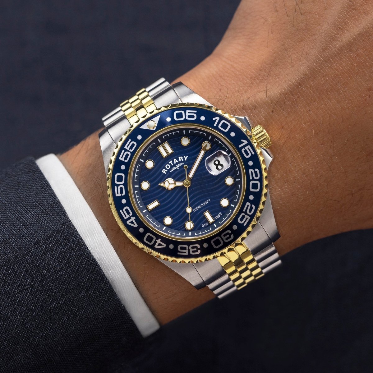 Rotary Apex100 Blue Dial and Gold Steel Bracelet 45mm Men's Watch | RGB10018/05 | TIME Watches