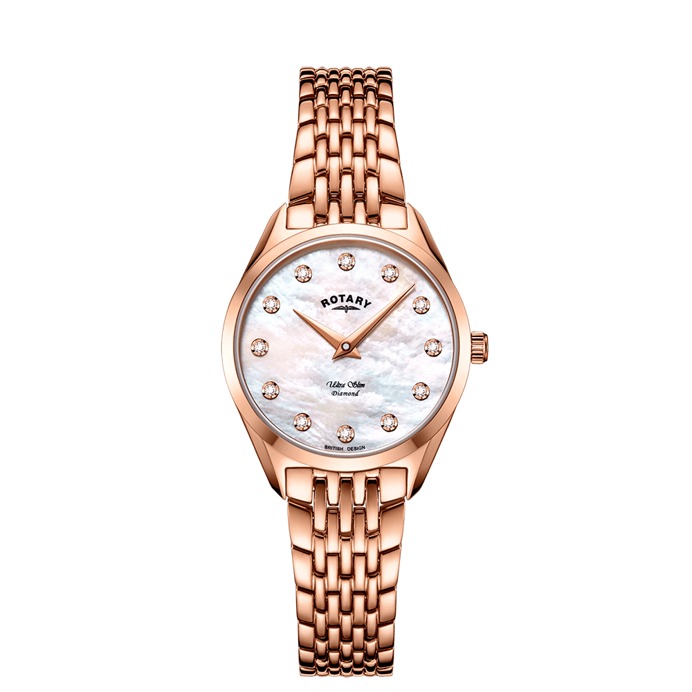 Rotary Ultra Slim Mother of Pearl Dial and Rose Gold Steel Bracelet 27mm Unisex Watch | LB08014/41/D | TIME Watches