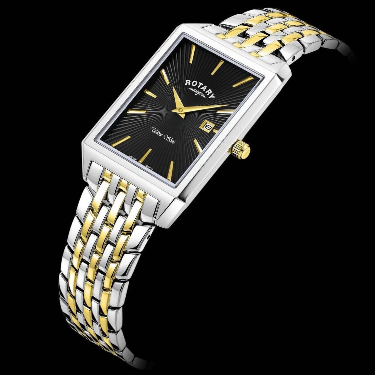 Rotary Ultra Slim Black Dial Two Tone Stainless Steel Men's Watch | GB08021/04