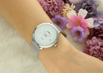 Lorus White Dial Calendar Stainless Steel Mesh Women's Watch | RG811DX9