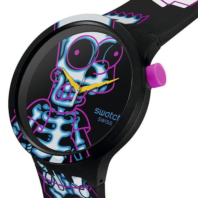 Swatch Aye Carumboo Black Multi Colour Dial Yellow Hands Black Strap Unisex Watch | SB01Z105 | TIME Watches