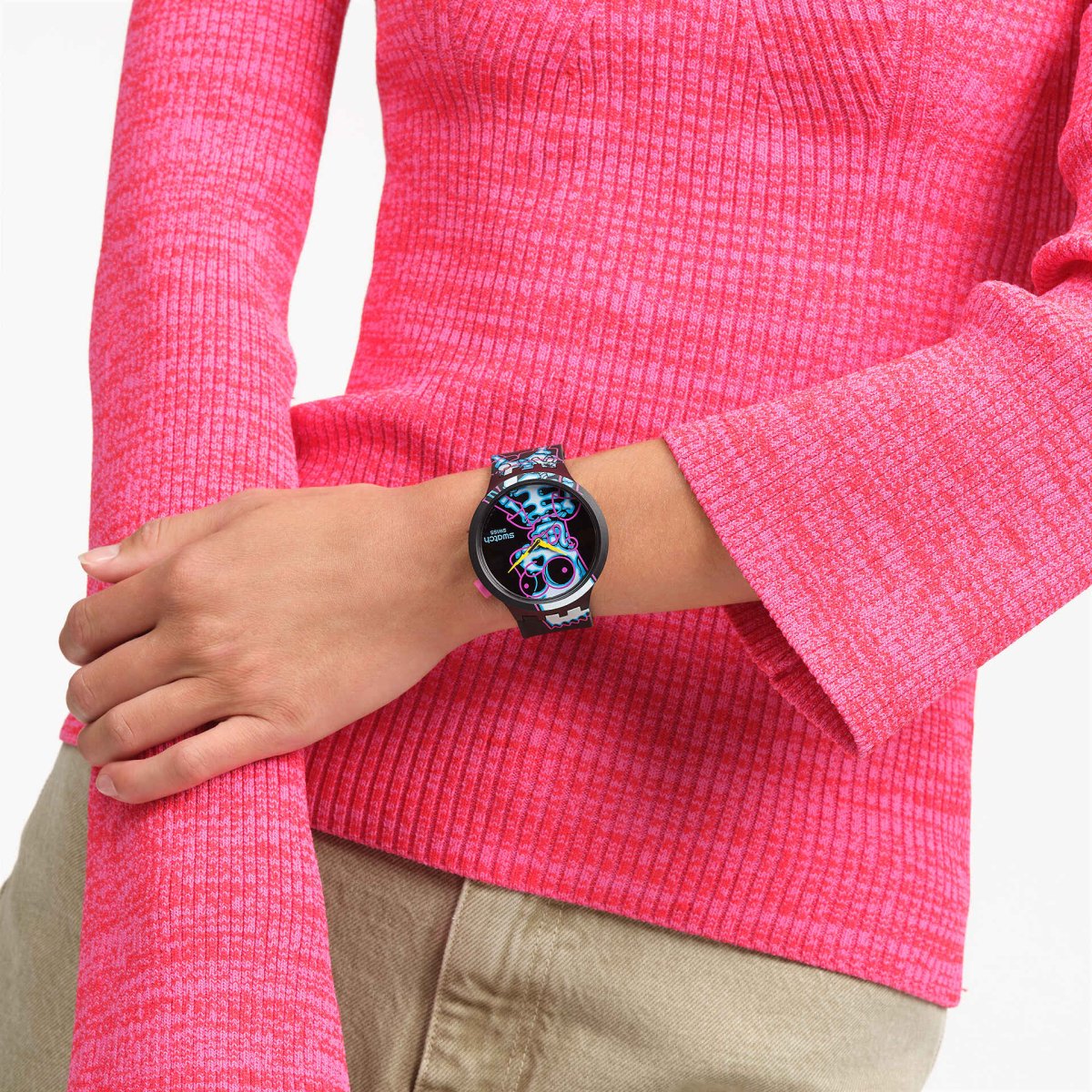 Swatch Aye Carumboo Black Multi Colour Dial Yellow Hands Black Strap Unisex Watch | SB01Z105 | TIME Watches