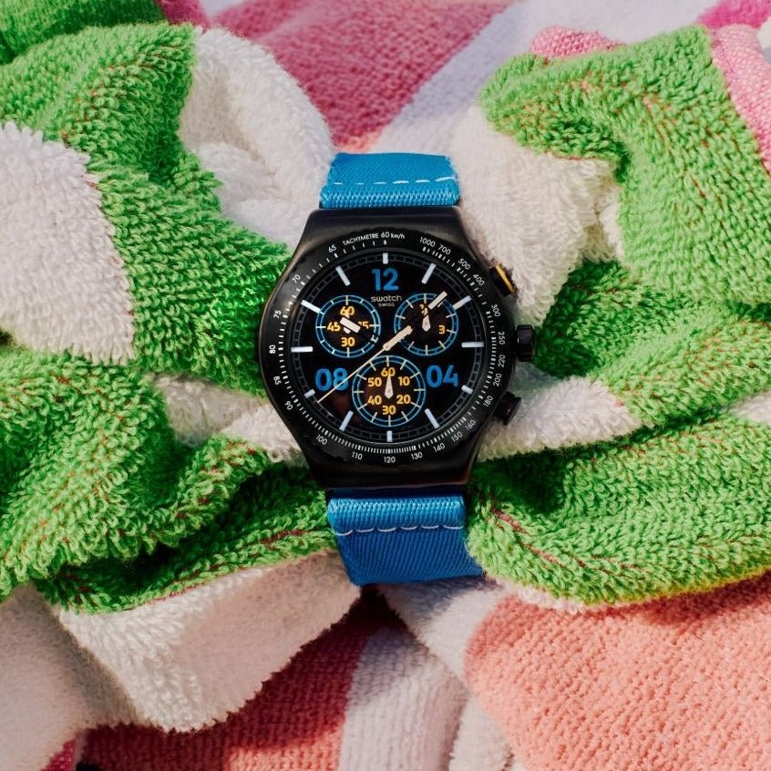 Swatch Moments in Blue Black & Blue Rubber 43mm Men's Watch | YVB100 | TIME Watches