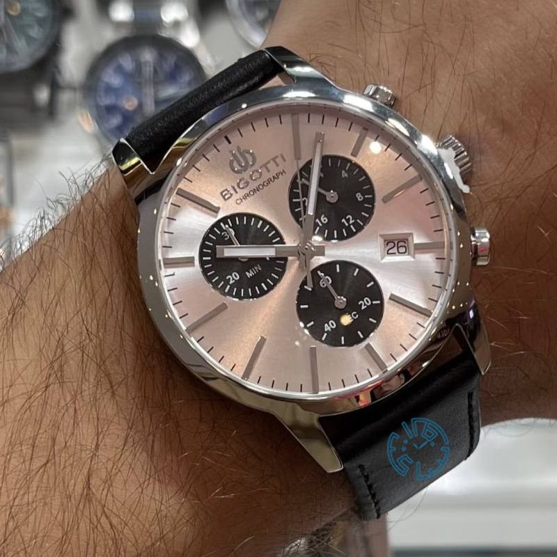 Bigotti Silver Black Multi-Dial Calendar Black Leather Men's Watch | BG.1.10577-1