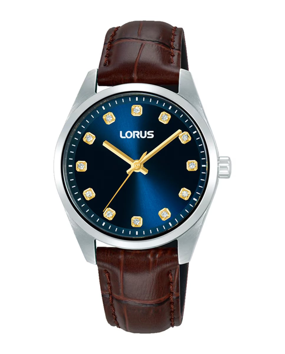 Lorus Blue Dial Stones Gold Hands Brown Leather Women's Watch | RG329XX9