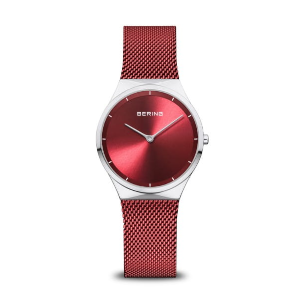 Bering Classic Red Polished Silver Women's Mesh Watch | 12131-303 | Time Watch Specialists