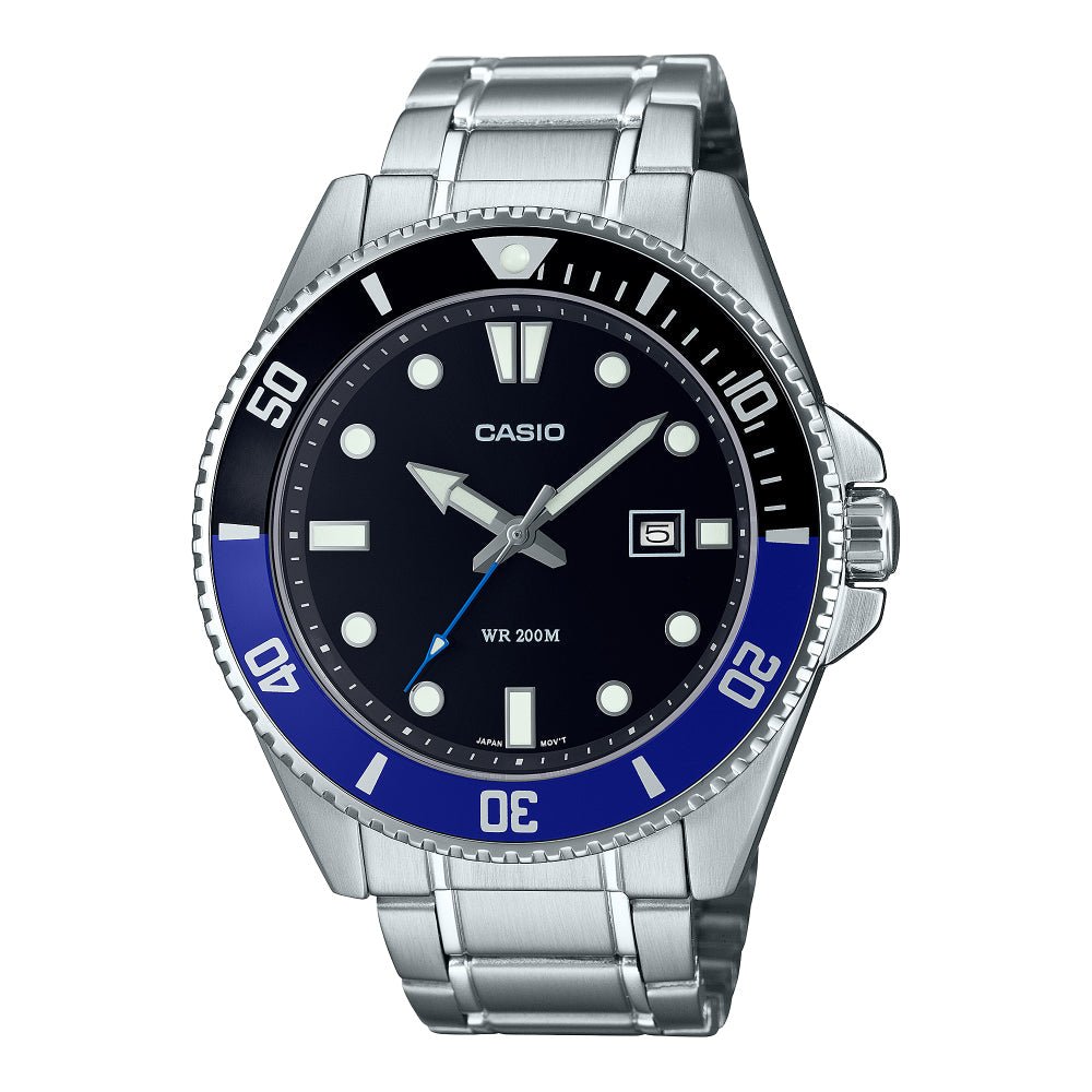 Casio Standard Collection Mens Black Dial Silver Stainless Steel Strap 200M Divers Watch | MDV - 107D - 1A2VDF | TIME Watches