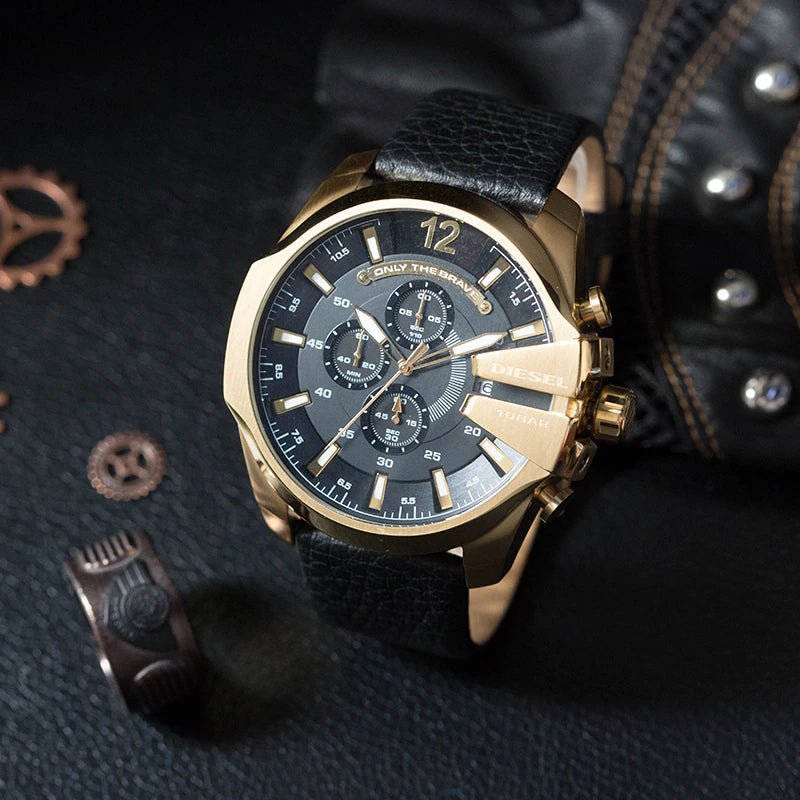 Diesel Mega Chief Gold Round Leather Men's Watch | DZ4344 | TIME Watches