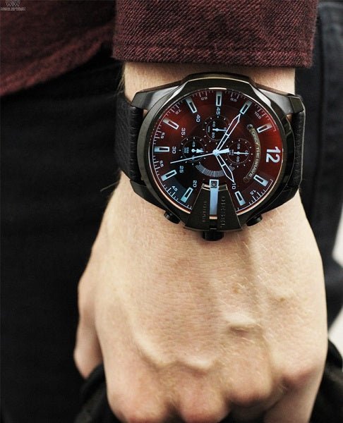 Diesel Men's Mega Chief Black Round Leather Watch - DZ4323 | Time Watch Specialists