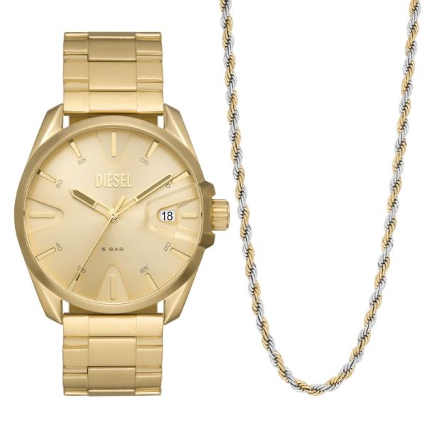 Diesel MS9 Three - Hand Date, Gold - Tone Stainless Steel Men's Watch and Necklace Set | DZ2163SET | TIME Watches